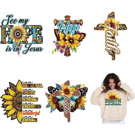 6pcs/Set Sunflower Iron on Transfers for T-Shirts Flowers Heat Vinyl Design DTF Transfers Ready to Press Iron on Decals Patches Hope Faith Vinyl Stickers for Clothes Bag Pillow Crafts