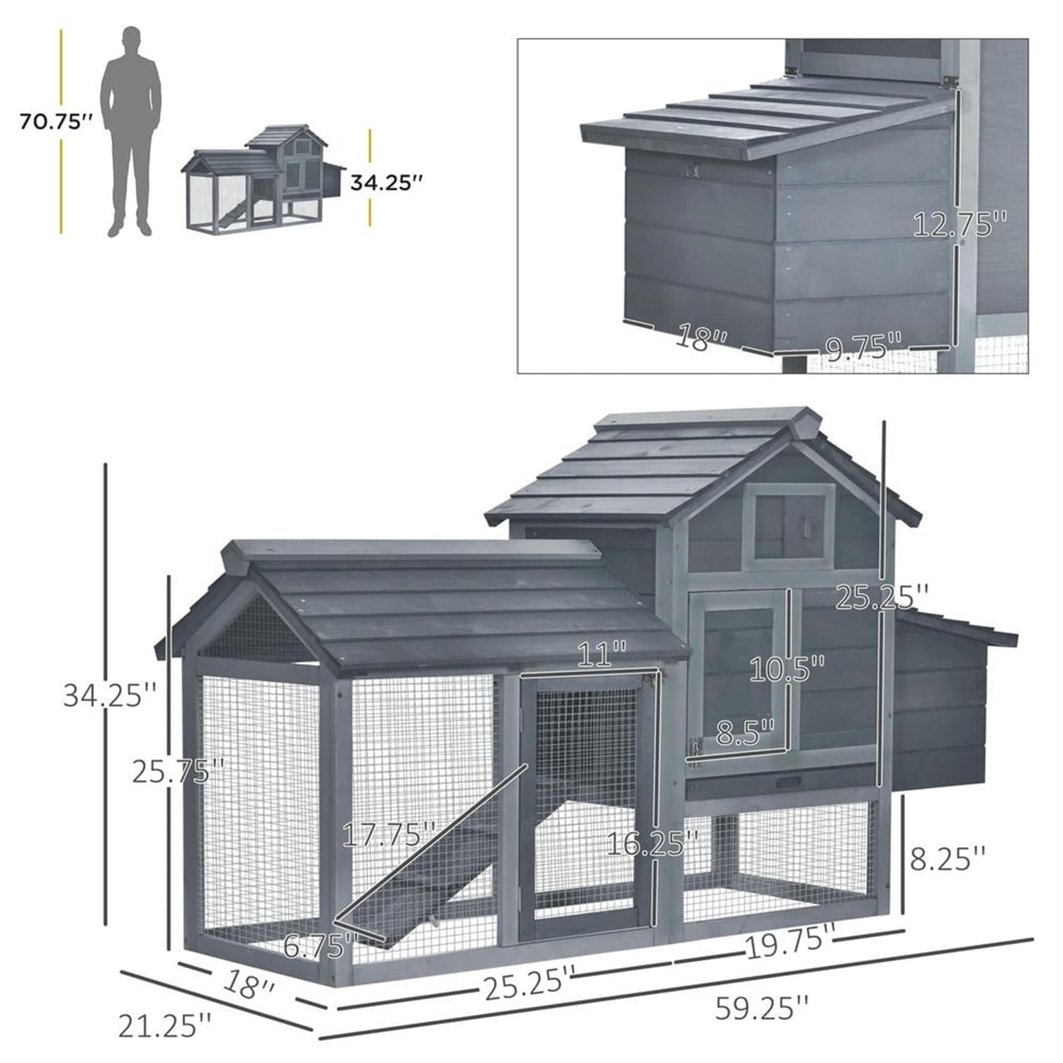 Pefilos 59" Outdoor Wooden Chicken Coop with Nesting Box, Runs, Farm Hen House 2-4 Hens, Weatherproof Pet House for Rabbits, Poultry, Gray