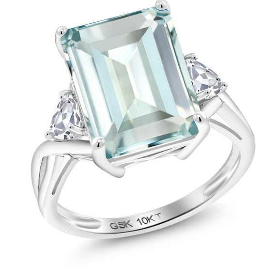 Gem Stone King 10K White Gold Sky Blue Simulated Aquamarine and White Created Sapphire 3 Stone Engagement Ring for Women (7.28 Cttw, Emerald Cut 14X10MM, Trillion 4MM, Size 8)