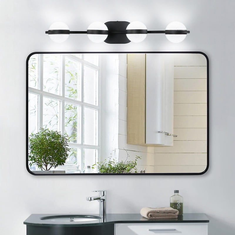 30" Black Minimalist LED Bathroom Vanity Light, 4-Light Wall Mounted Fixture with Crystal Sand Acrylic Shades, Modern Decorative Lighting for Mirror, Sink, and Vanity Area