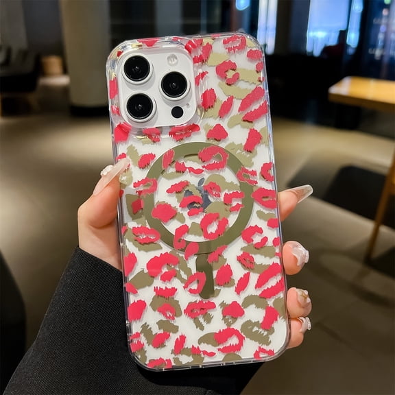 Allytechgroup Magnetic Leopard Print Hard Shell Back Cover Cell Phone Case with Protective Case Cover for Apple iPhone 17, Pink
