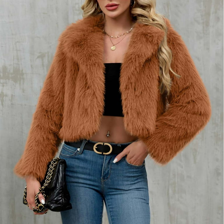 Faux Fur Jacket for Women Long Sleeve Coat Lapel Cropped Tops Fluffy Fashion  Clothing Vacation Short Coats Shaggy Parka Garments Sexy Comfy Outwear  Trendy Overcoat - Walmart.com