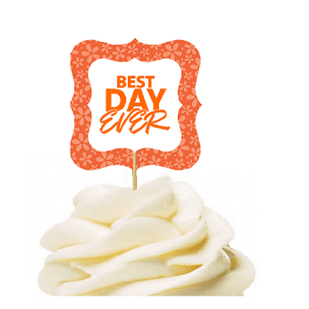 12pack Best Day Ever Orange Flower Cupcake Desert Appetizer Food Picks for Weddings, Birthdays, Baby Showers, Events &