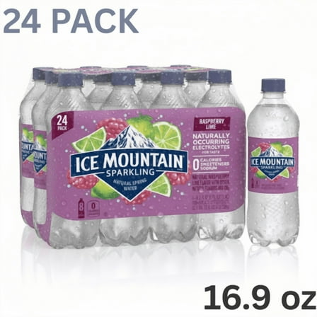 ICE MOUNTAIN Sparkling Water, Raspberry Lime, 16.9 fl oz Bottles, 24 Pack – Naturally Flavored Sparkling Water with No Calories or Sweeteners