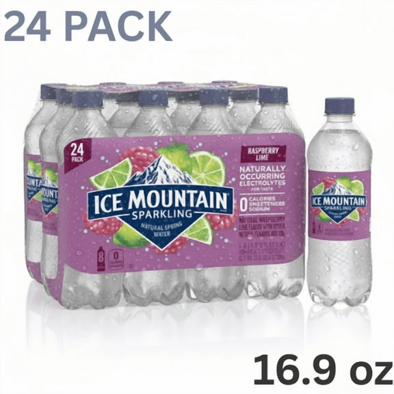 ICE MOUNTAIN Sparkling Water, Raspberry Lime, 16.9 fl oz Bottles, 24 Pack – Naturally Flavored Sparkling Water with No Calories or Sweeteners