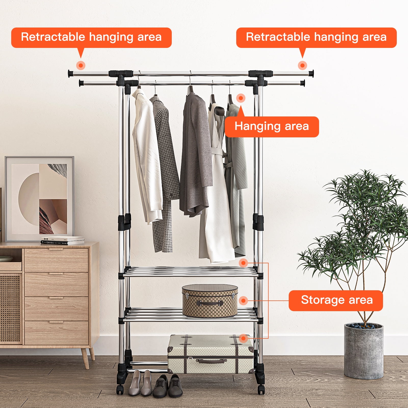 Anqidi 2 Tier Adjustable Clothing Rack, Floor to Ceiling Clothes Hanger  Closet System Free-Standing Telescopic Garment Stand Black 