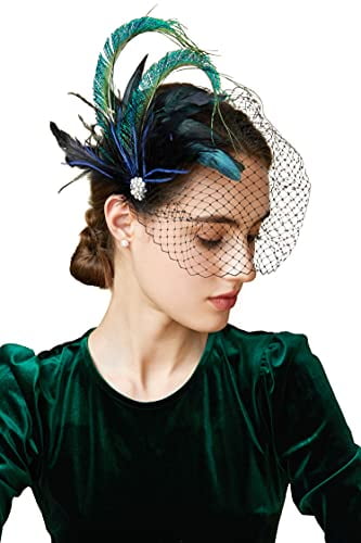 JasmineLi Women Fascinator Hair Hoop Feather Mesh Headband Veil Hat Bridal Headpiece Accessories 