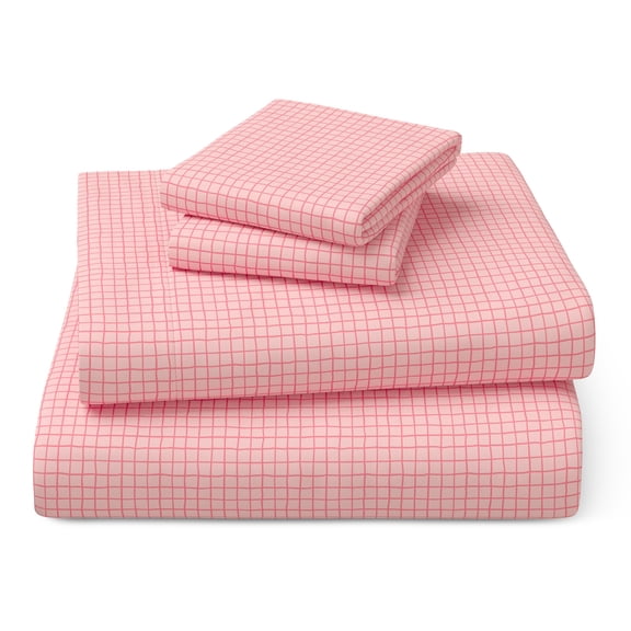 Mainstays Kids 100% Cotton Percale Bed Sheet Set, Queen, Pink Grid, 4 Pieces