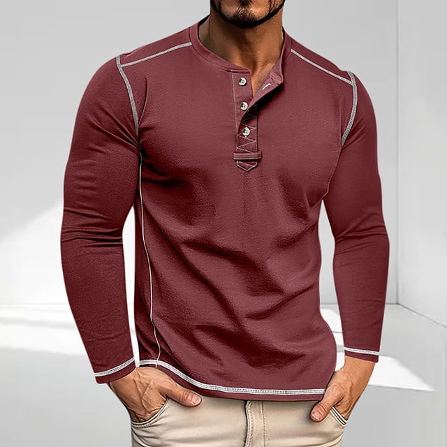 Blusas y camisas de manga larga y cuello redondo para hombre, blusas casuales de color liso con botones y cuello redondo, blusas de poliéster para hombre