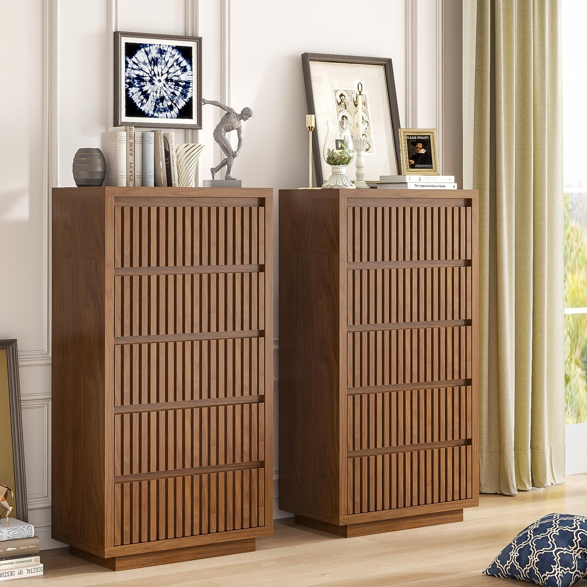 Fluted Tall 5 Drawer Dresser, 45" Mid Century Wood Chest for Bedroom, Modern Closet Clothes Storage Organizer, Walnut Brown Cabinet