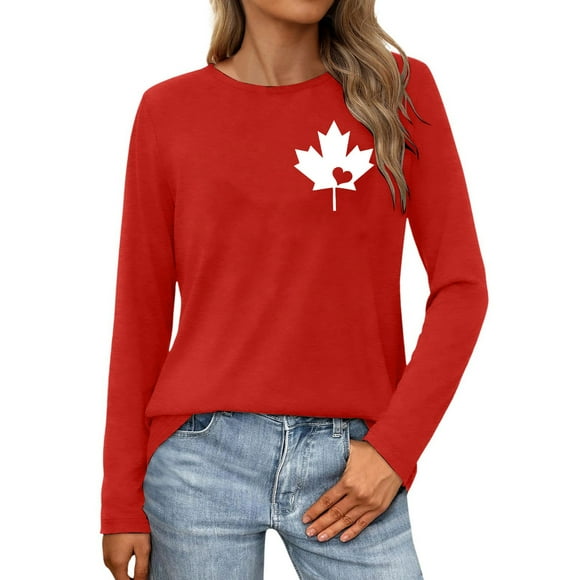 Tiweut Leisure T Shirts for Women Long Sleeve Crew Neck Flag Maple Leaf Print Loose Fit Classic Fit Ladies Tees Red