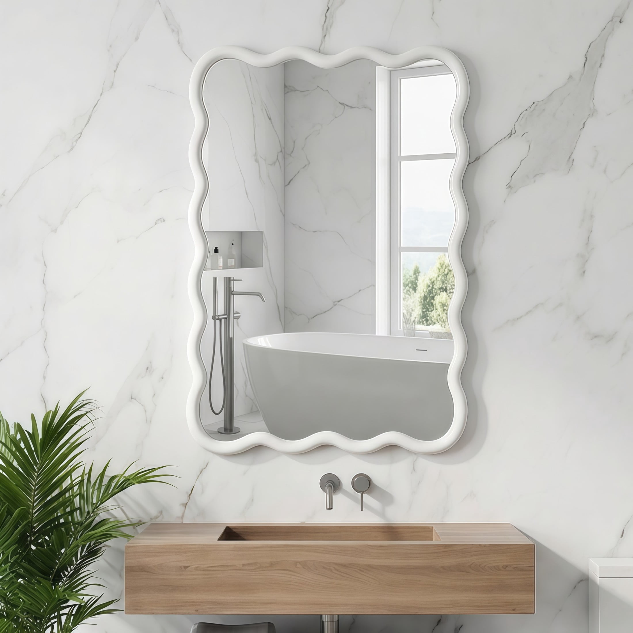 Noble House 20"x30" Wavy Rectangle Wall Mirror, Solid Wood Decorative Vanity Mirror, White