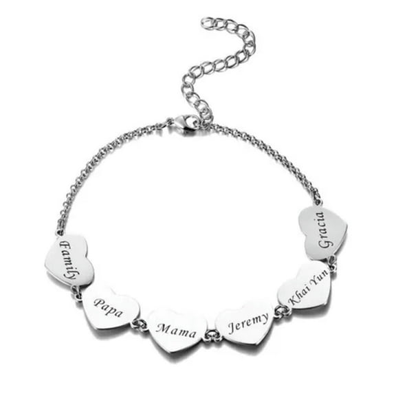 Custom Family Name Bracelet Heart Pendent Bangle Engraved 1-6 Names Dad Mom Gift