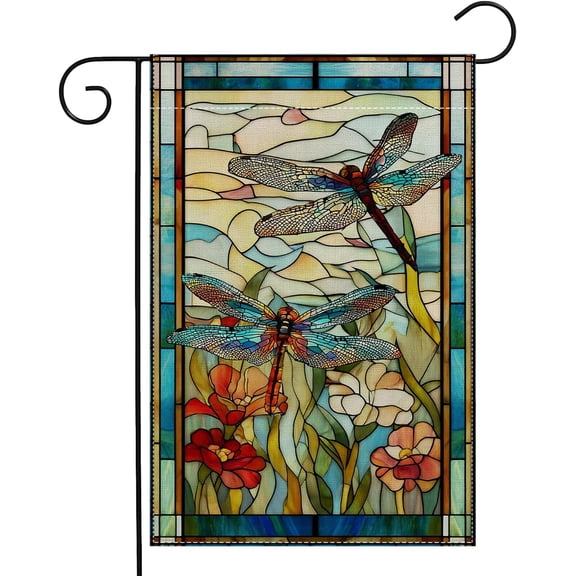 Garden Flags, Dragonfly Garden Flag, Stained Glass Style Dragonfly Floral Flag Double-Sided Flags for Farmhouse Yard Outdoor Decoration-12 x 18inch (Dragonfly)