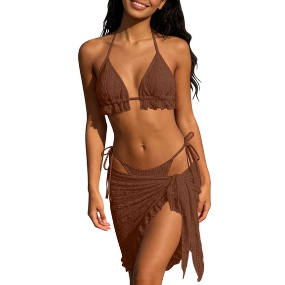 Sevevn Women's 3 Piece Textured Bikini Set with Sarong Ruffle Trim Triangle Swimsuit with Cover Up Skirt Coffee XL