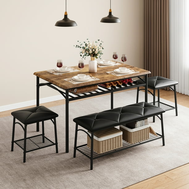 Juego de Comedor para 4, Mesa de Cocina con Estructura Metálica, Banco Tapizado y 2 Bancos Cuadrados, Estantes de Almacenaje