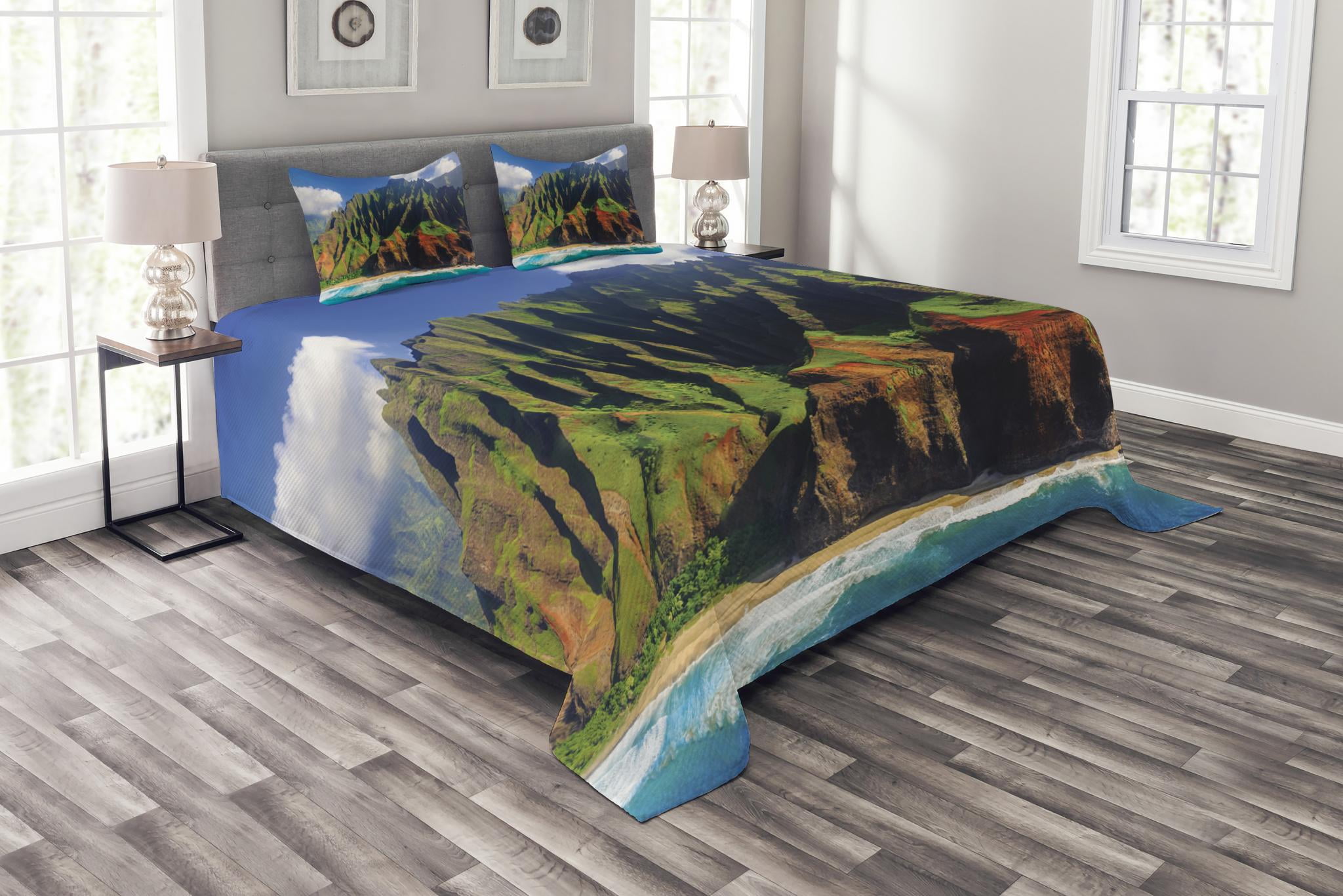 Hawaiian Bedspread Set Queen Size, Aerial View of Na Pali Coast Kauai