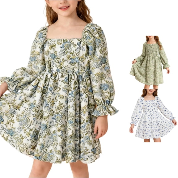 WhouRiu Girls Casual Floral Graphic Dresses Puffed Long Sleeve Square Neckline Ruffle Dress Kids Comfortable Cute Everyday Sundress,11-12 Years