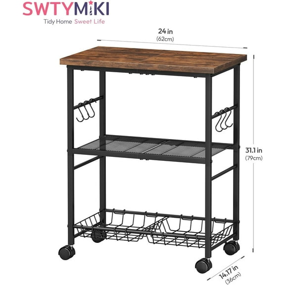 Rolling Kitchen Microwave Cart - 3 Tier Microwave Table Stand with Storage Basket and Hooks, Kitchen Utility Cart on Wheels, Coffee Cart Shelf Rack Organizer for Living Room Office, Balcony