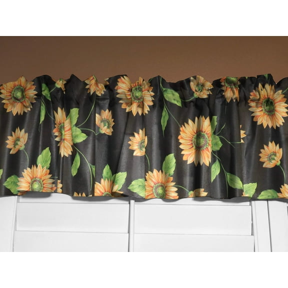 Cotton Window Valance Floral Print 58 Inch Wide Sunflowers on Black