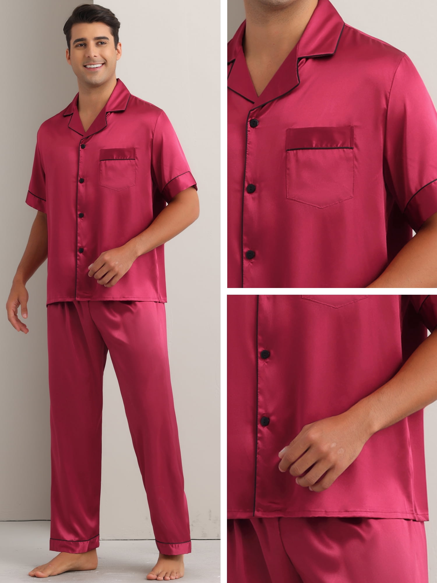DARING DIVA Men's 2-Piece Pajama Set Button Down Short Sleeve Shirt Pants M Burgundy