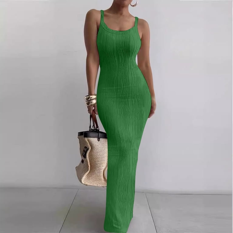 Sentmoon Shirt Dress Summer 2026 Trendy Sleeveless Crew Neck Homecoming Dresses Bodycon Slim Fit Spaghetti Strap for Travel and Holiday Green XL