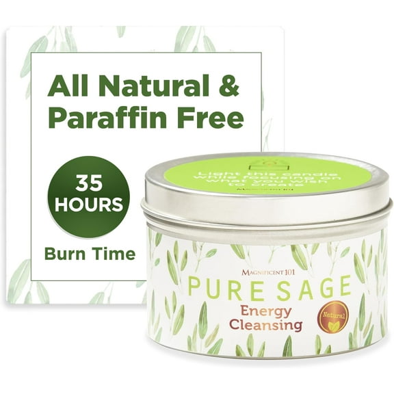 Magnificent 101 Long Lasting Pure White Sage Candle - 6 Oz - 35 Hour Burn Time | Organic, All Natural, Paraffin Free Candle to Cleanse Your Home & Calm, Soothe, Relax and Restore The Body & Mind
