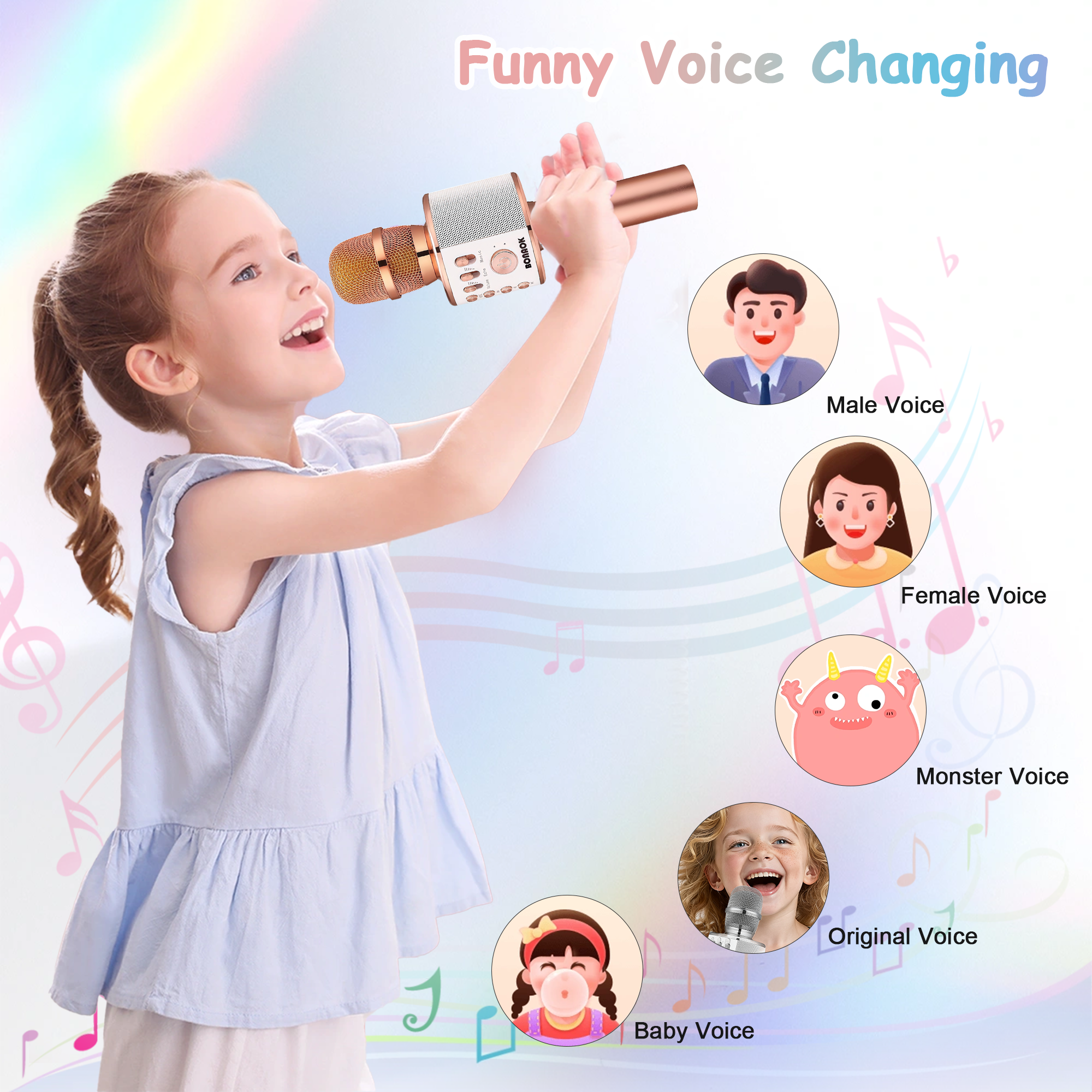Bonaok Wireless Karaoke Microphone with LED Lights, Rose Gold photo 4