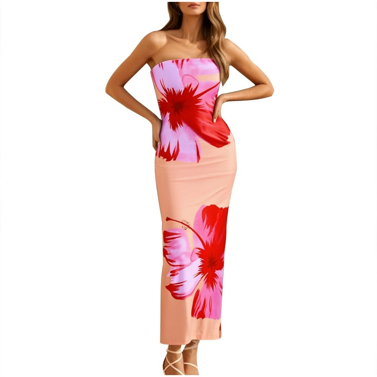 Youyipin womens dresses Women's Sexy Floral Print Strapless Maxi Dress Y2K  Bodycon Tube Slim Fit Sleeveless Long Dress for Party Club summer dresses  for women 2025 - Walmart.com