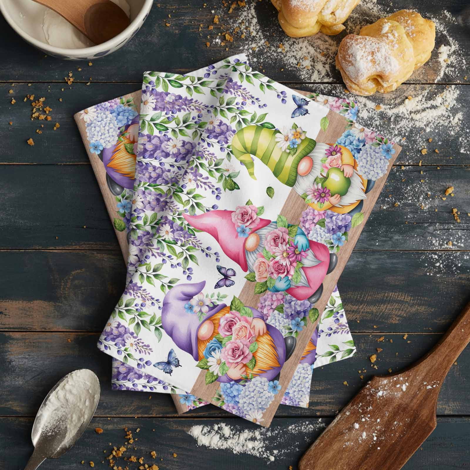Blue Purple Gnomes Kitchen Towels Set of 3, Water Absorbent Dish Towel, Spring Country Hydrangea Flower Leaf Decorative Hand Towels - Quick Drying Cloth for Cooking Baking, 18x28 Inch
