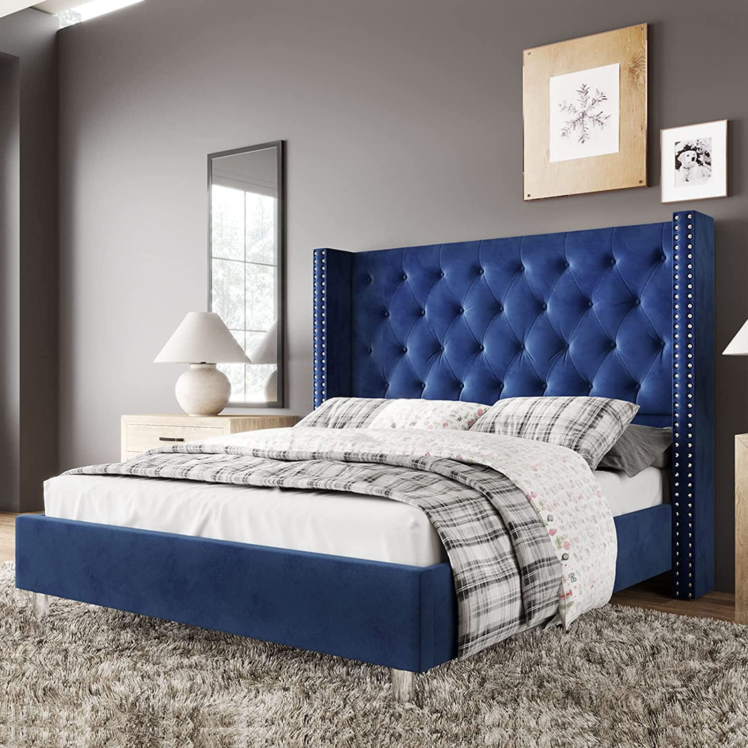 Bed Frame King Size Velvet Tufted Upholstered Bed Low Profile Platform ...