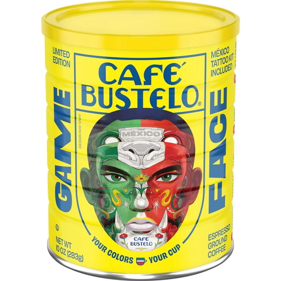 Cafe Bustelo Espresso Style Dark Roast Ground Coffee, Limited Edition Game Face Design, Tattoo Kit Included, 10 oz Can