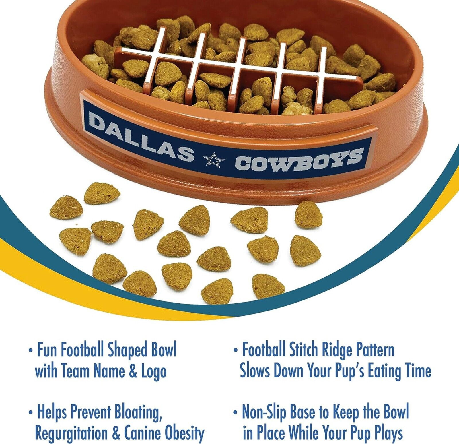 Pets First NFL Dallas Cowboys Super-Bowl Slow Feeder Bowl for Dogs and Cats, Football Design for Healthy Digestion, Non-Slip, for Large & Small Pet