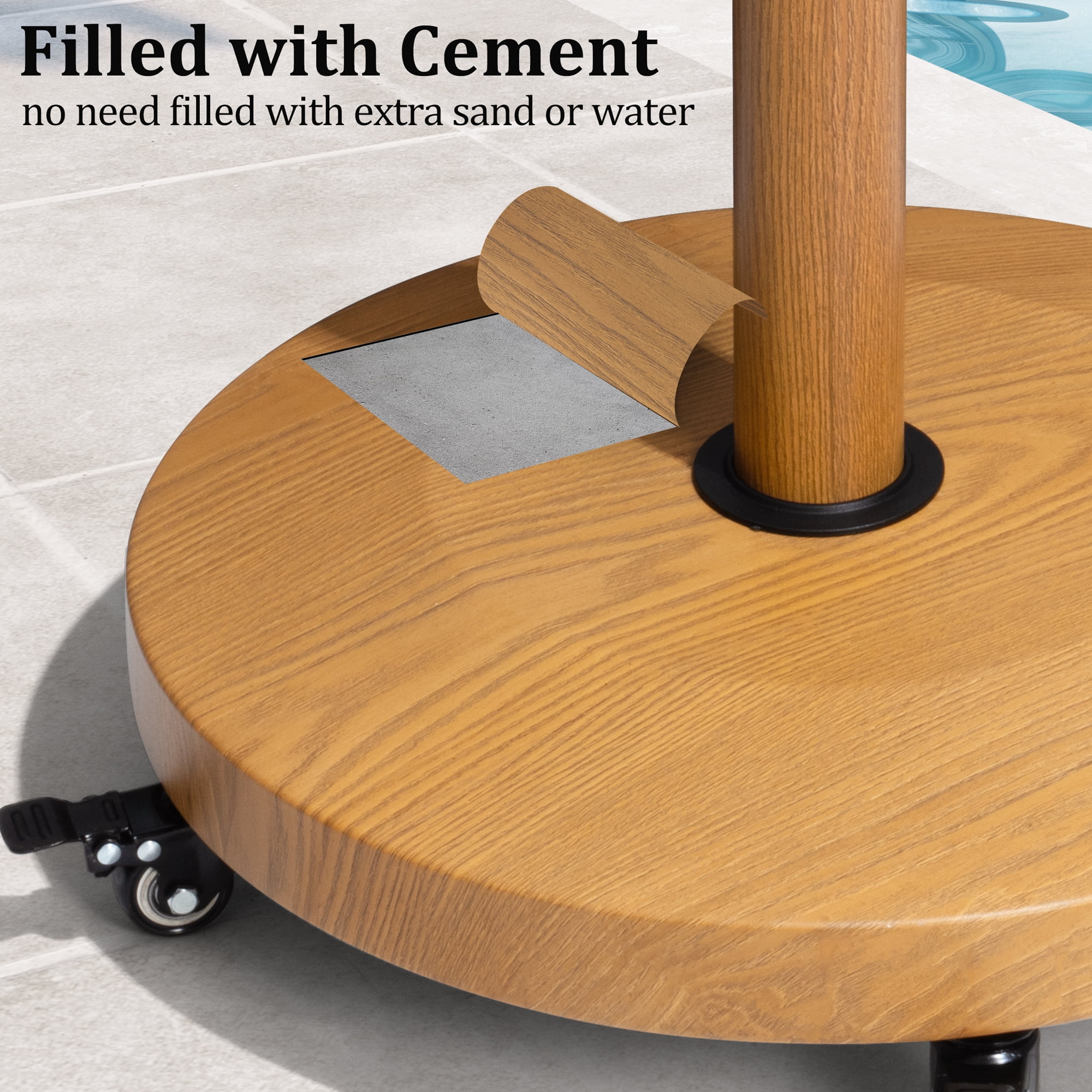 Pellebant Patio Umbrella Base with 4 Wheels, 55lbs Round Heavy Duty Concrete Stand for Outdoor Market Umbrella, Teak