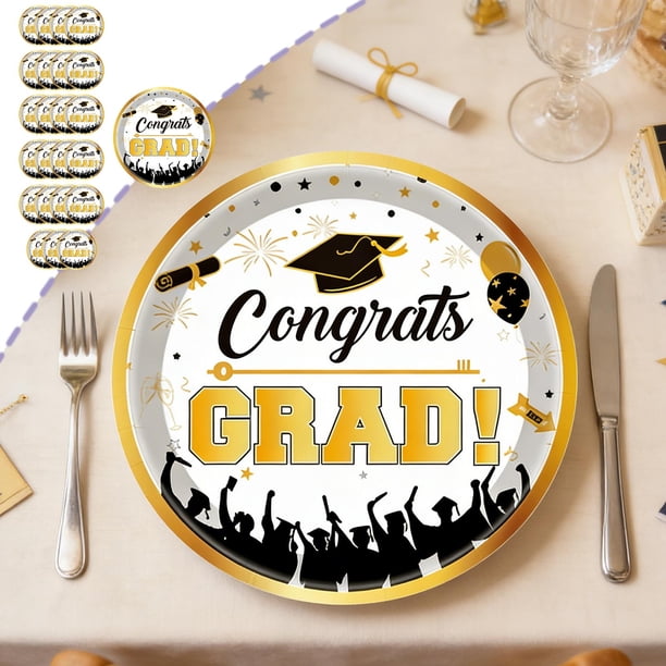 Juego de materiales para fiestas de graduación 2026 - Platos de vajilla desechables, vasos y servilletas - Clase de felicitaciones Diseño de Graduación Oro para Adultos