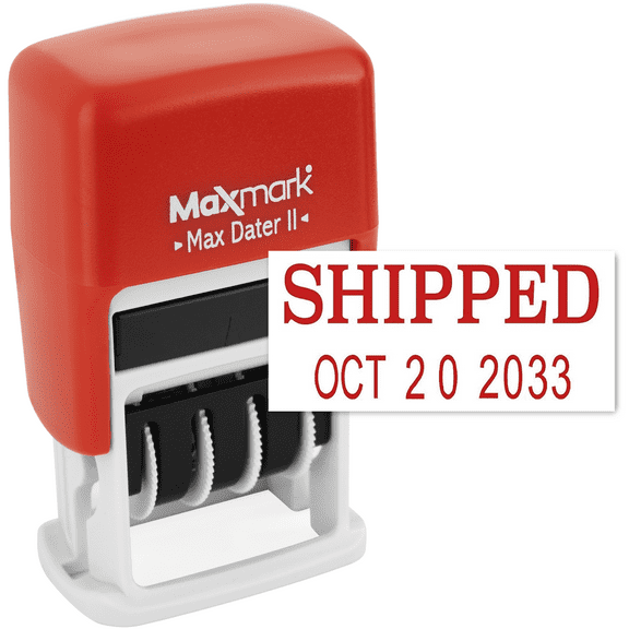 MaxMark Self-Inking Rubber Date Office Stamp with SHIPPED Phrase & Date - RED INK (Max Dater II)