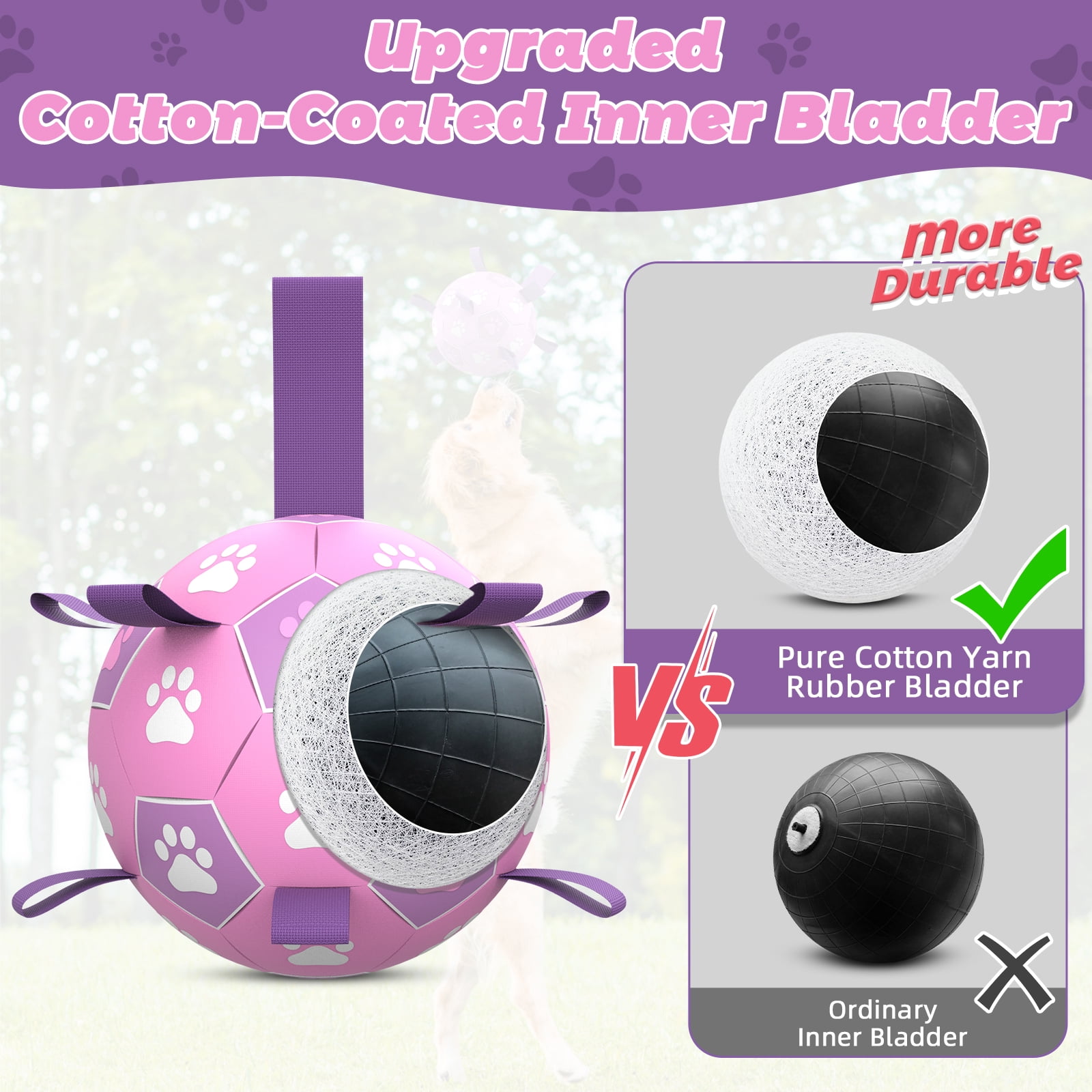 QDAN Durable Dog Toys Soccer Ball with Nylon Straps Hand Pump for Puppies Medium Large Dogs, Pink & Purple, 6-inch