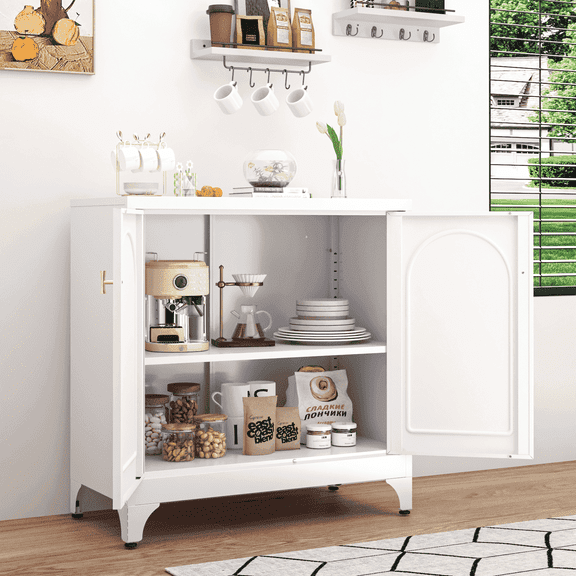Polup 33-inch Modern Metal White Kitchen Sideboard with Doors and Adjustable Shelves Home Floors Support