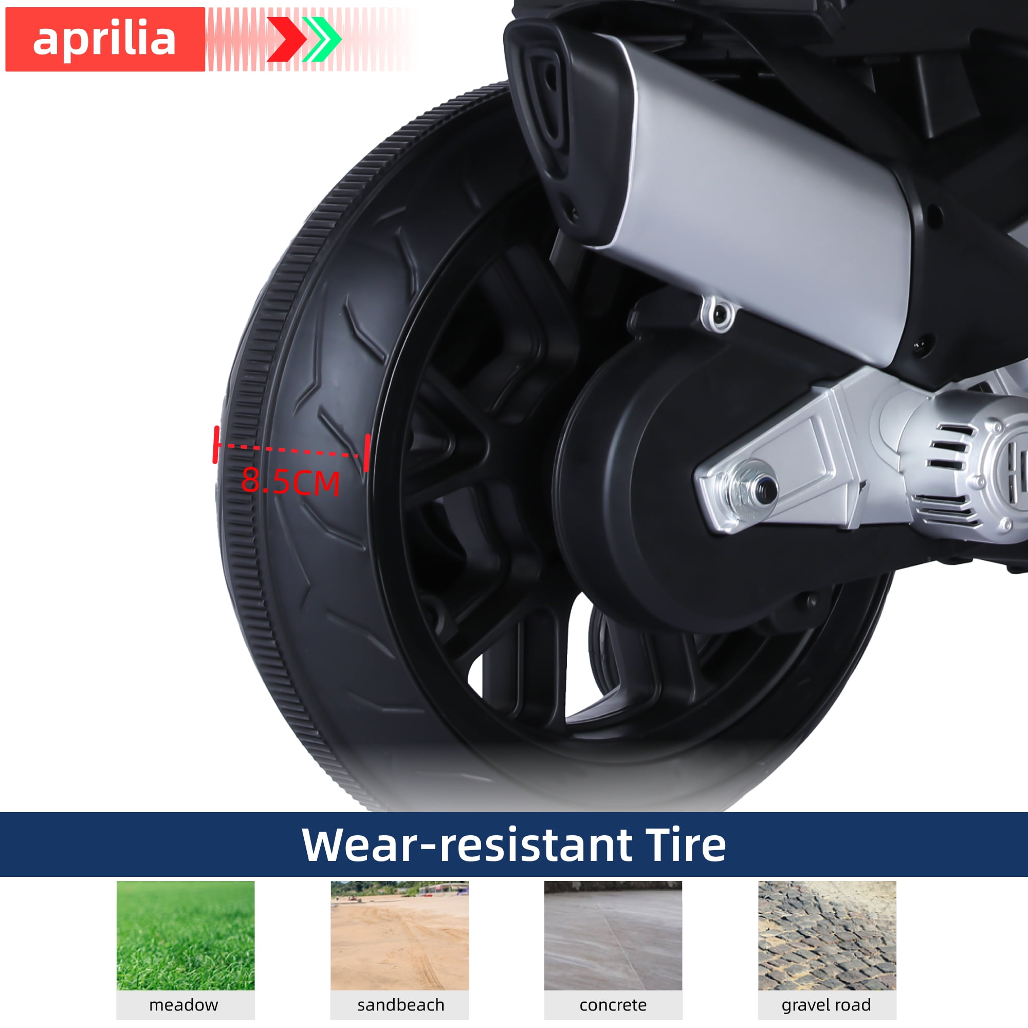 HEIMILI Black 12V Aprilia Kids Motorcycle Training Wheels Battery Motorbike w/Bluetooth Music LED Lights