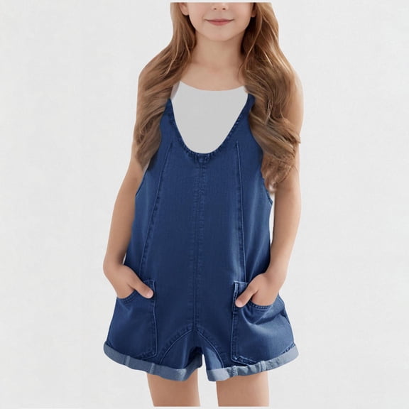 Girls Denim Overalls Shorts Summer Sleeveless Jean Jumpsuits Adjustable Strap Jeans Rompers with Pockets