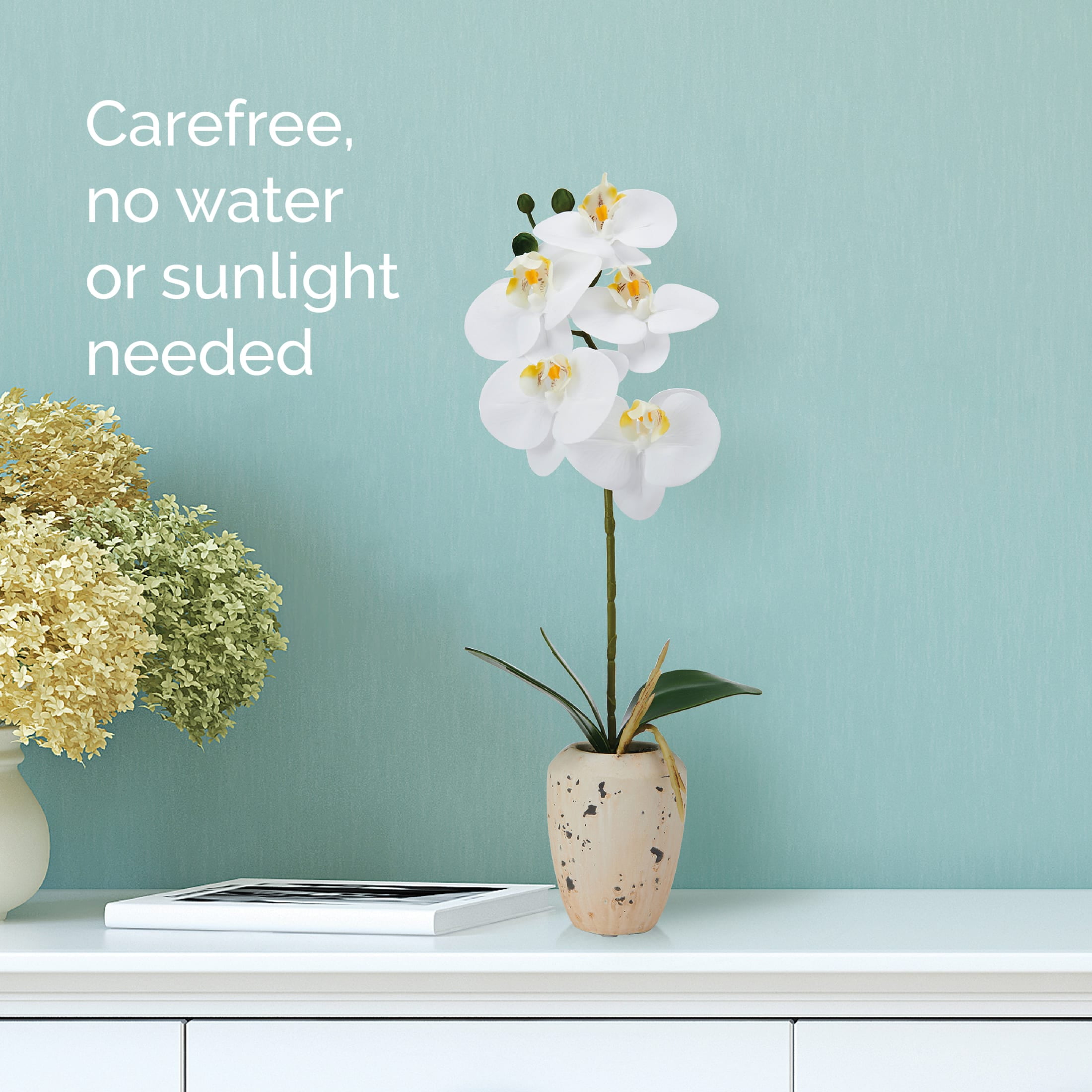 Home Accents 16-inch Artificial Real Touch Phalaenopsis Orchid in Faux Aged Cement Pot, White/Yellow