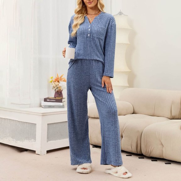 Usloyux Women's 2 Piece Lounge Set V Neck Long Sleeve Pullover Top and Wide Leg Pants Matching Tracksuit Outfits with Solid Casual Style, Blue S