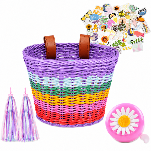 Kids Bike Basket Front, Hand-Woven Multi-Color Bicycle Basket, Universal Bike Accessories for Kids, Detachable Front Bike Basket for Girls Boys, Fits Balance Bike, Scooter and Tricycle