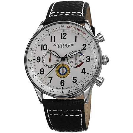Men's Swiss Quartz Multifunction Tachymeter Leather Silver-Tone Strap Watch