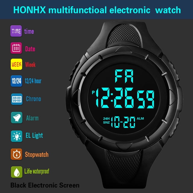 Up to 65% Off Fashion Multifunction Sports Watch Display Date Calendar Week Alarm Unisex Watch Necklace Rings Earring Jewelry on Clearance