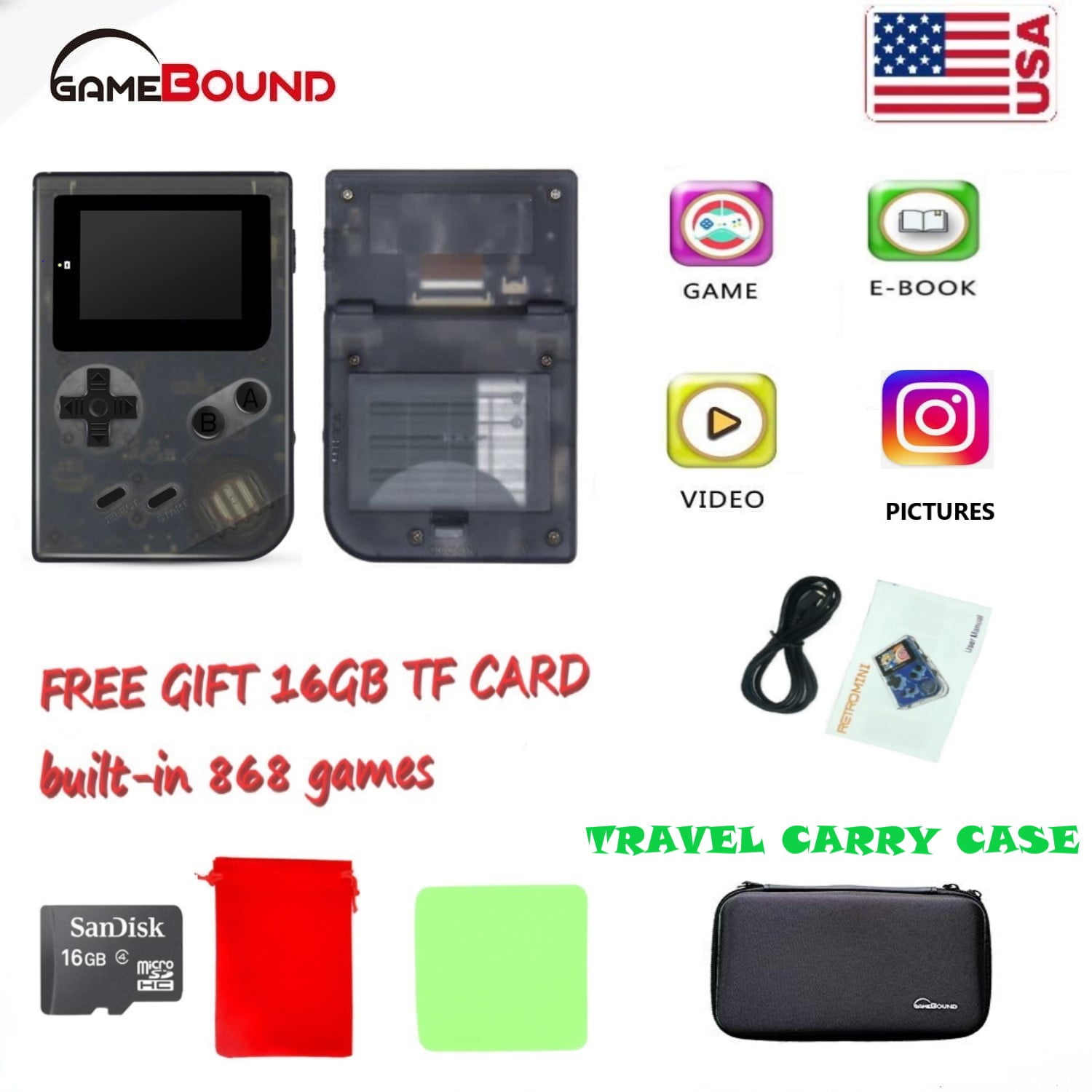 Handheld Retro Game Console 1037 Games 16 GB SD + CARRY BAG+ Travel