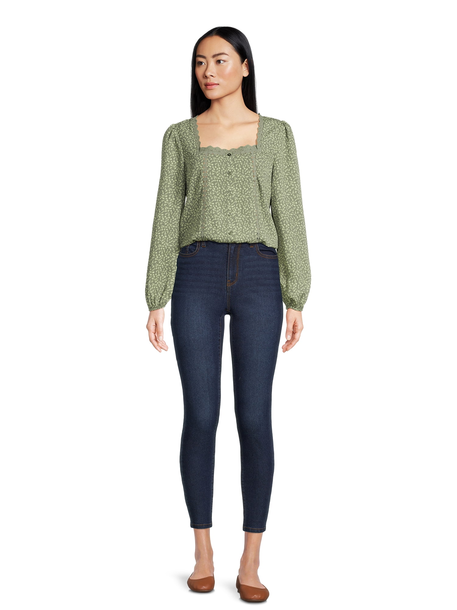 Self Esteem Juniors Square Neck Lace Trim Top with Long Sleeves, Sizes S-XL