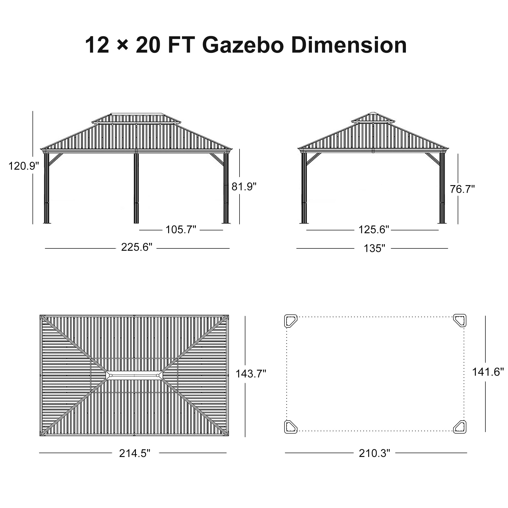 PURPLE LEAF 12' X 20' Permanent Hardtop Gazebo Aluminum Frame Gazebo with Galvanized Steel Double Roof for Patio Lawn and Garden, Curtains and Netting Included, Grey