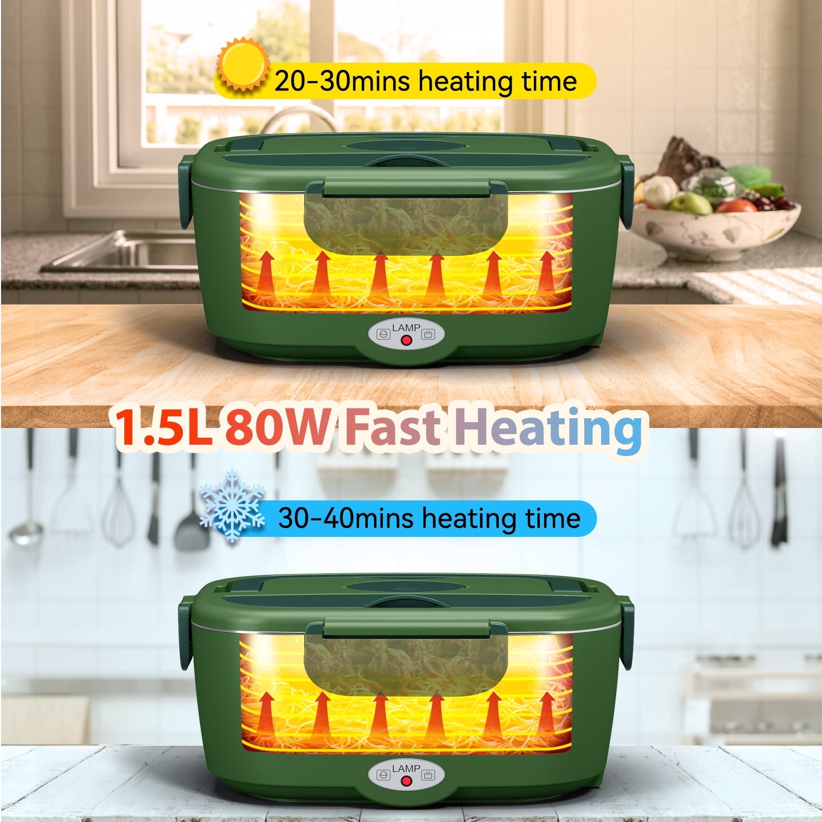 Electric Lunch Box Food Heater for Work, 80 W Food Warmer for Car Truck Travel with 2 Stainless Steel Containers 1.5 Liters Potable Self Heating lunch Box for Adults lonchera eléctrica portátil