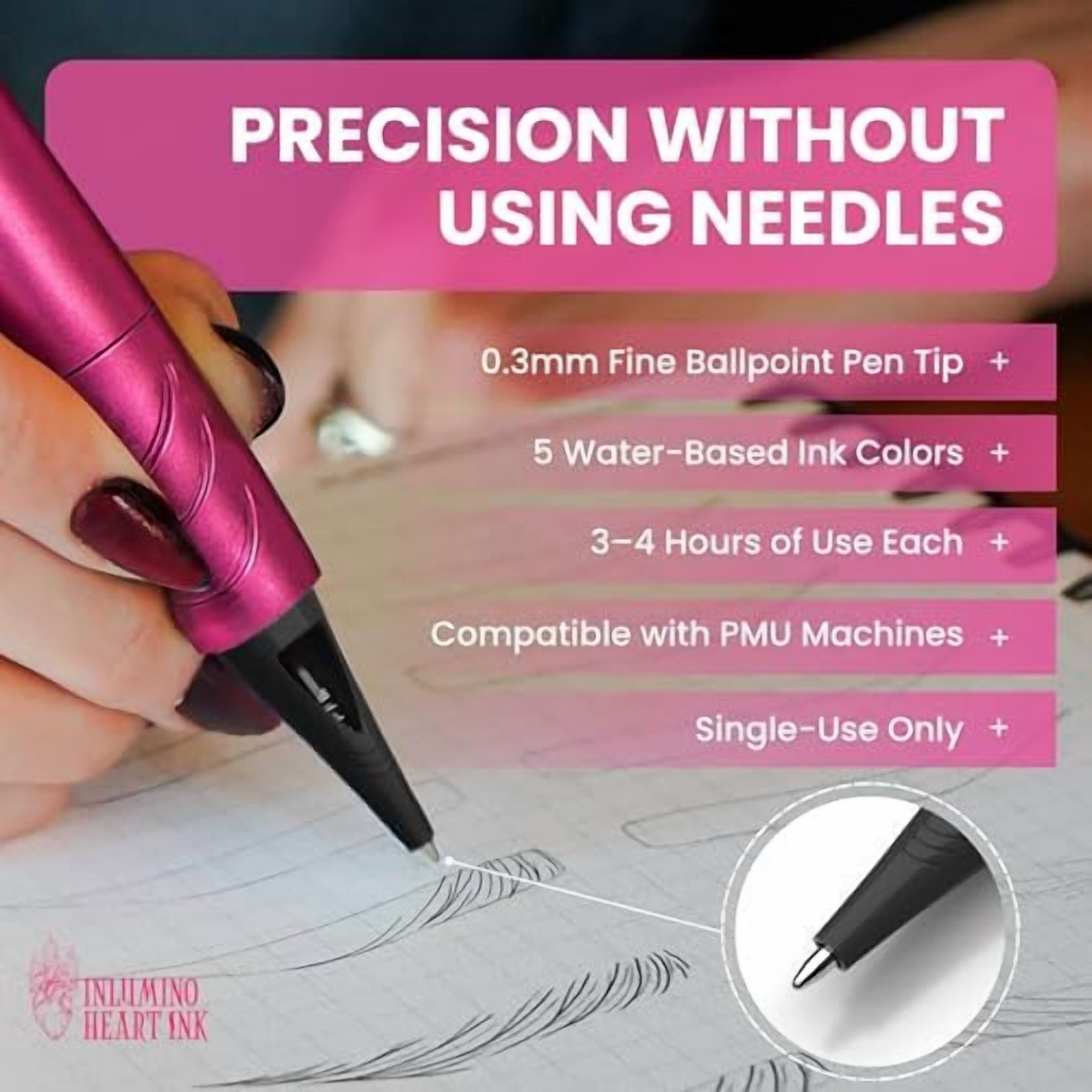 PMU Practice Cartridges – 10-Pack Ballpoint Pen Refills for Tattoo Training on Paper – Patented Design – 5 Colors – Compatible with Rotary PMU Pens & Dot Machines